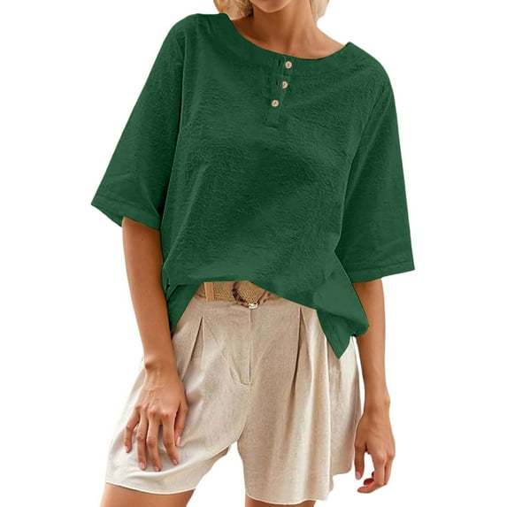 MIXUE Boho Tops For Women Summer Solid Color Round Neck Button Short Sleeve Casual Pullover Shirts For Women Tee Shirts Daily-Wear,Green,S
