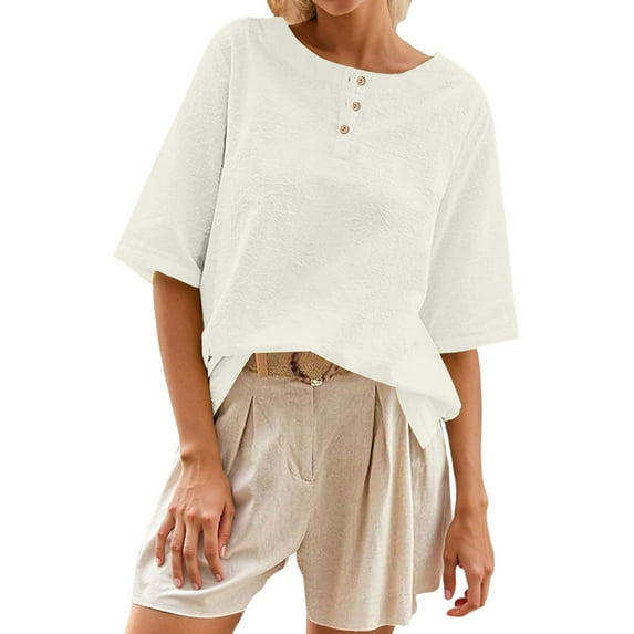 MIXUE Boho Tops For Women Summer Solid Color Round Neck Button Short Sleeve Casual Pullover Shirts For Women Tee Shirts Sportswear,White,M