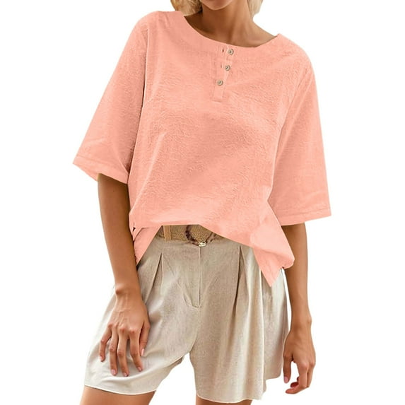 MIXUE Boho Tops For Women Summer Solid Color Round Neck Button Short Sleeve Casual Pullover Shirts For Women Tshirts Activewear,Pink,S