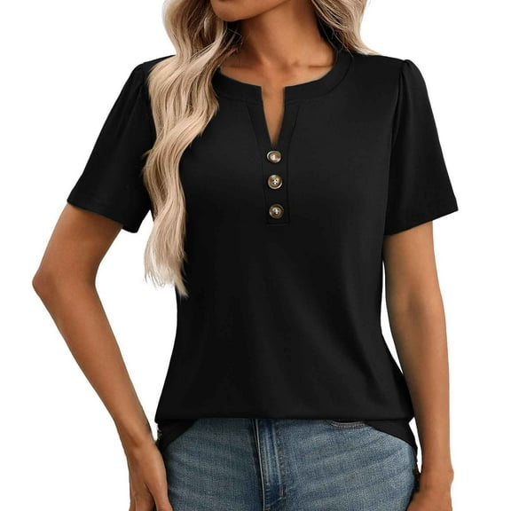 MIXUE Boho Tops For Women Summer Solid Color Round Neck Button Short Sleeve Loose Fit Casual Pullover Shirts For Women Tee Shirts Daily-Wear,Black,L