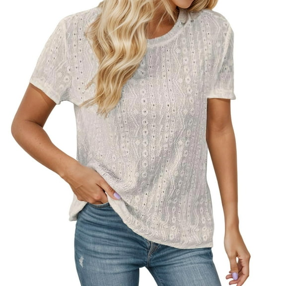 MIXUE Boho Tops For Women Summer Solid Color Round Neck Hollow Short Sleeve Fashion Casual Pullover Shirts For Women T Shirts Holiday Wear,Beige,M