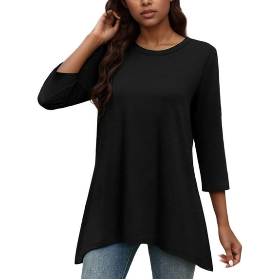 MIXUE Boho Tops For Women Summer Solid Color Round Neck Long Sleeve Casual Basic T Shirts Holiday Wear,Black,L