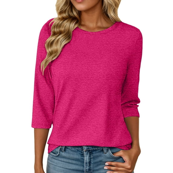 MIXUE Boho Tops For Women Summer Solid Color Round Neck Long Sleeve Casual Fashion Soft Basic Pullover Shirts For Women Tshirts Streetwear,Pink,XL