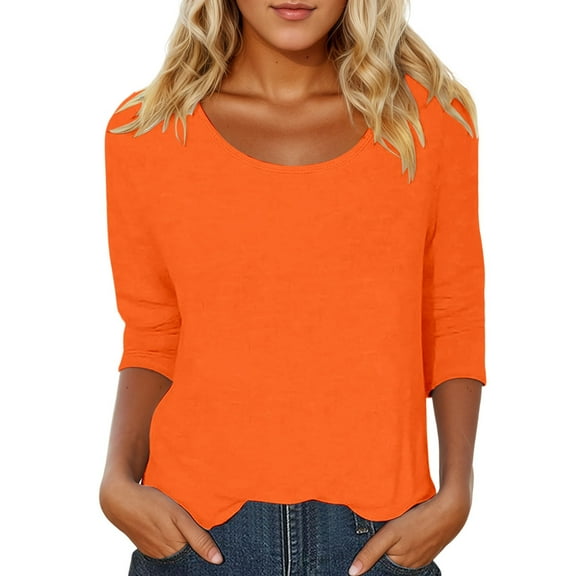 MIXUE Boho Tops For Women Summer Solid Color Round Neck Long Sleeve Casual T-shirts Activewear,Orange,XXL