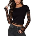 thumbnail image 1 of MIXUE Boho Tops For Women Summer Solid Color Round Neck Long Sleeve Floral Lace Casual Pullover Shirts For Women Tshirts Outwear,Black,S, 1 of 5