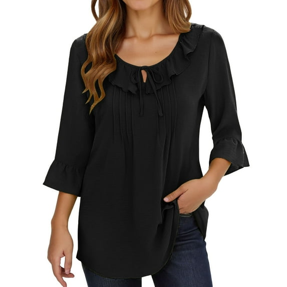 MIXUE Boho Tops For Women Summer Solid Color Round Neck Ruffles Long Sleeve Casual Basic Pullover Shirts For Women Tee Shirts Daily-Wear,Black,XL