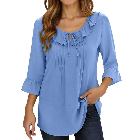 MIXUE Boho Tops For Women Summer Solid Color Round Neck Ruffles Long Sleeve Casual Basic Pullover Shirts For Women Tshirts Streetwear,Blue,L