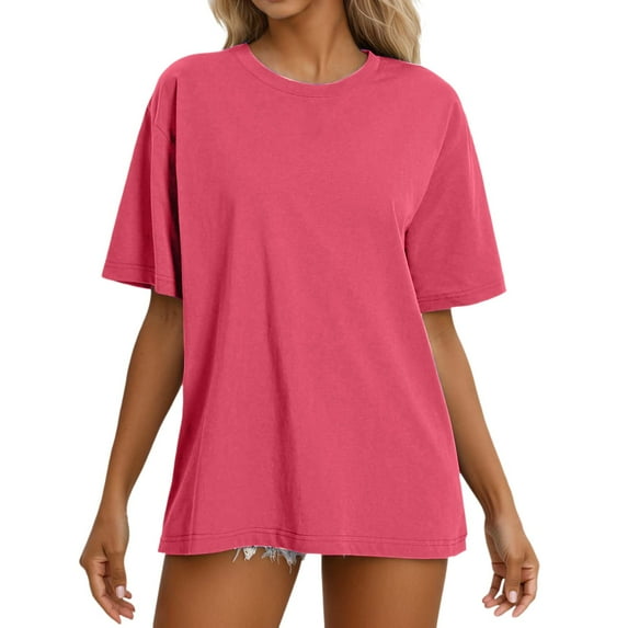 MIXUE Boho Tops For Women Summer Solid Color Round Neck Short Sleeve Casual Basic Pullover Shirts For Women Tee Shirts Daily-Wear,Red,L
