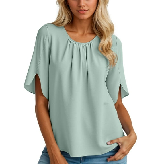 MIXUE Boho Tops For Women Summer Solid Color Round Neck Short Sleeve Casual Soft Pullover Shirts For Women T Shirts Holiday Wear,Green,S