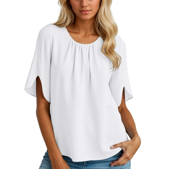 MIXUE Boho Tops For Women Summer Solid Color Round Neck Short Sleeve Casual Soft Pullover Shirts For Women T-shirts Outwear,White,XL
