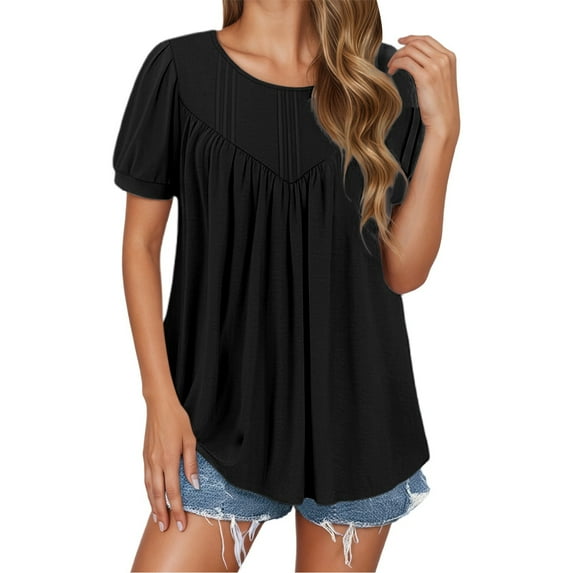 MIXUE Boho Tops For Women Summer Solid Color Round Neck Short Sleeve Casual T-shirts Streetwear,Black,S