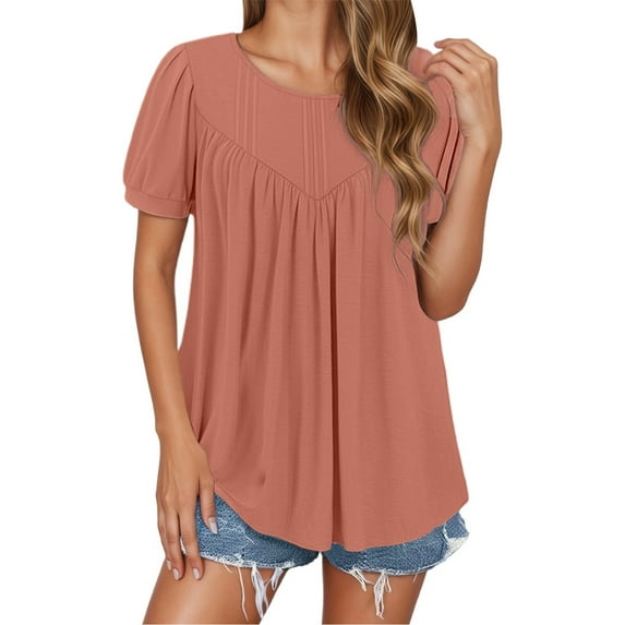 MIXUE Boho Tops For Women Summer Solid Color Round Neck Short Sleeve Casual T-shirts Streetwear,Pink,L