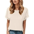 thumbnail image 1 of MIXUE Boho Tops For Women Summer Solid Color Round Neck Short Sleeve Fashion Casual T Shirts Holiday Wear,Beige,XL, 1 of 4