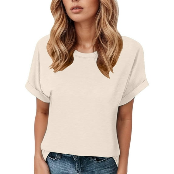 MIXUE Boho Tops For Women Summer Solid Color Round Neck Short Sleeve Fashion Casual T Shirts Holiday Wear,Beige,XL