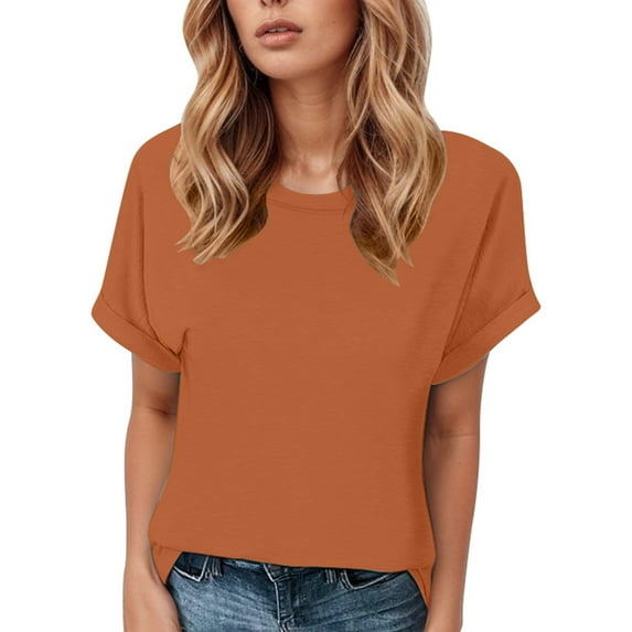 MIXUE Boho Tops For Women Summer Solid Color Round Neck Short Sleeve Fashion Casual T-shirts Streetwear,Brown,S