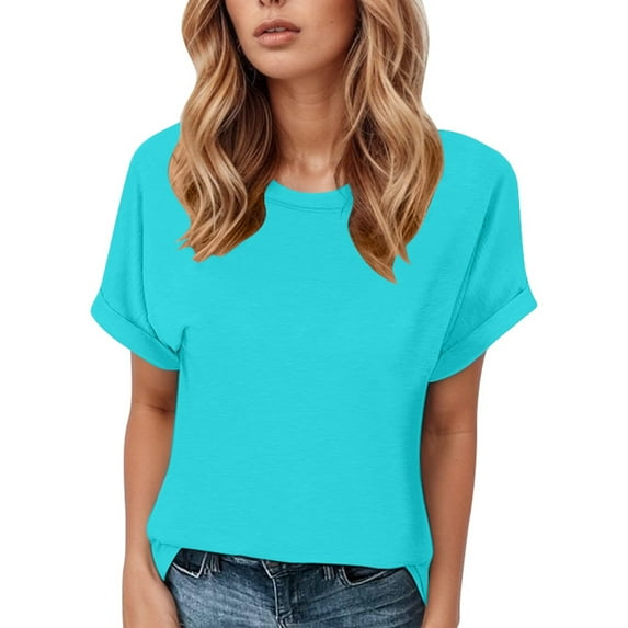 MIXUE Boho Tops For Women Summer Solid Color Round Neck Short Sleeve Fashion Casual Tshirts Streetwear,Blue,S