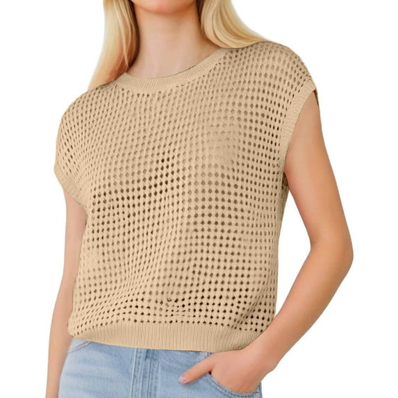 MIXUE Boho Tops For Women Summer Solid Color Round Neck Short Sleeve Hollow Out Loose Fit Casual Beach T-shirts Outwear,Brown,S