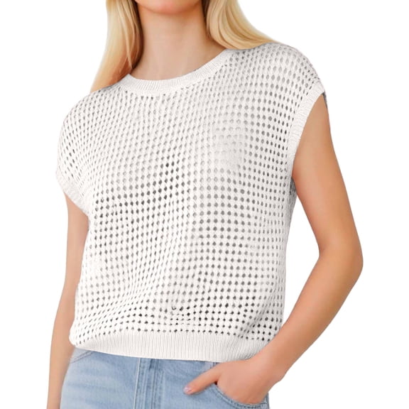 MIXUE Boho Tops For Women Summer Solid Color Round Neck Short Sleeve Hollow Out Loose Fit Casual Beach T-shirts Outwear,White,L