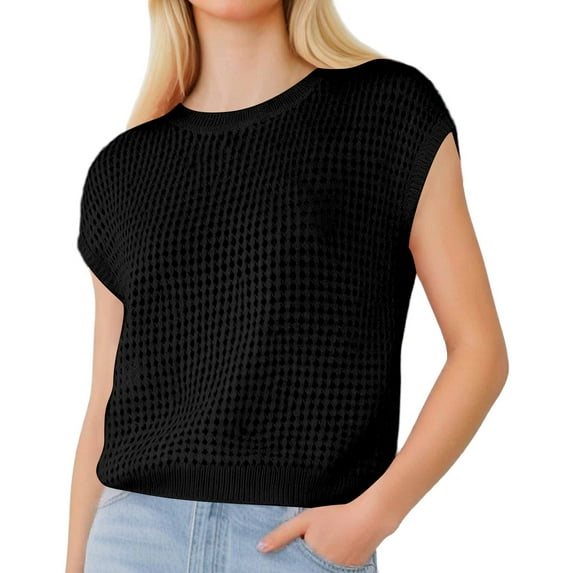 MIXUE Boho Tops For Women Summer Solid Color Round Neck Short Sleeve Hollow Out Loose Fit Casual Beach T-shirts Streetwear,Black,XL