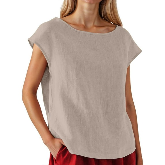 MIXUE Boho Tops For Women Summer Solid Color Round Neck Short Sleeve Loose Casual Pullover Shirts For Women T-shirts Outwear,Beige,L