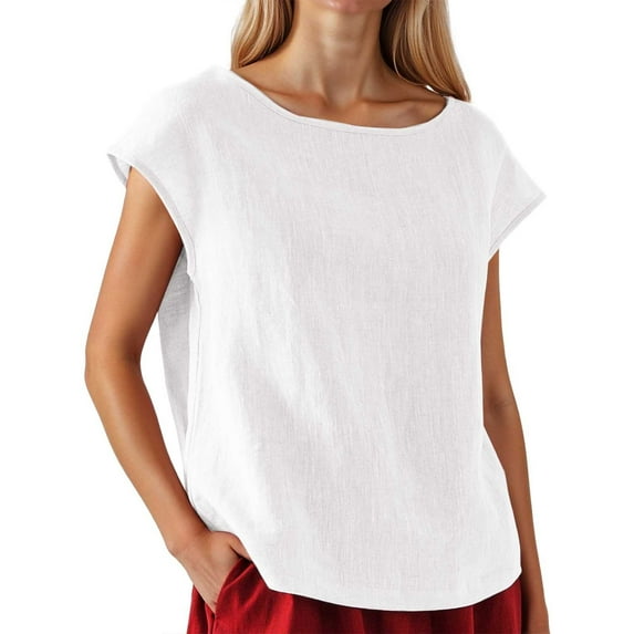 MIXUE Boho Tops For Women Summer Solid Color Round Neck Short Sleeve Loose Casual Pullover Shirts For Women Tee Shirts Daily-Wear,White,XXL
