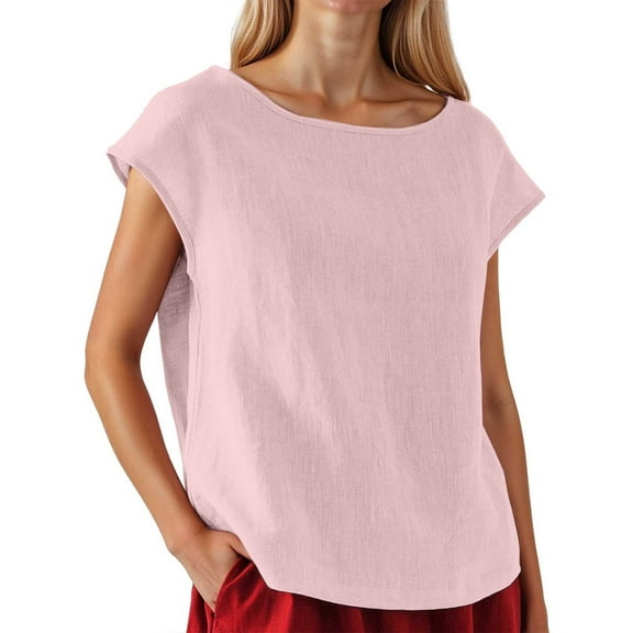 MIXUE Boho Tops For Women Summer Solid Color Round Neck Short Sleeve Loose Casual Pullover Shirts For Women Tee Shirts Holiday Wear,Red,M