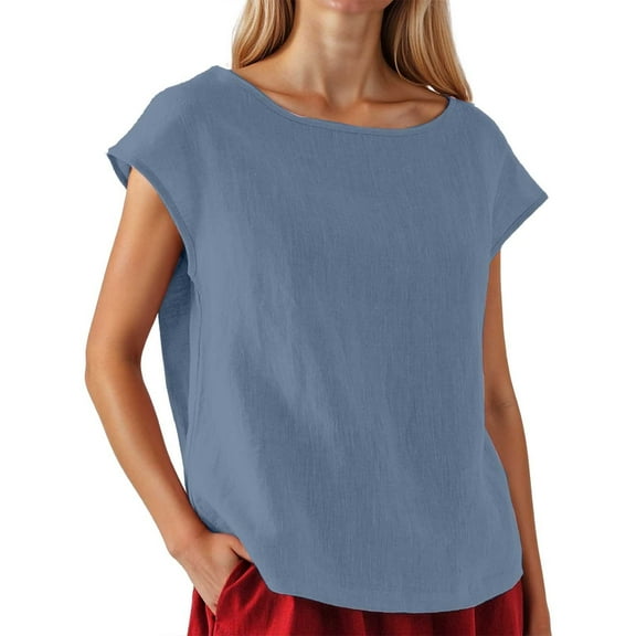 MIXUE Boho Tops For Women Summer Solid Color Round Neck Short Sleeve Loose Casual Pullover Shirts For Women Tshirts Outwear,Blue,L