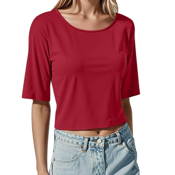 MIXUE Boho Tops For Women Summer Solid Color Round Neck Short Sleeve Slim Fit Casual Basic T Shirts Sportswear,Red,L