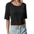 thumbnail image 1 of MIXUE Boho Tops For Women Summer Solid Color Round Neck Short Sleeve Slim Fit Casual Basic Tee Shirts Sportswear,Black,L, 1 of 4