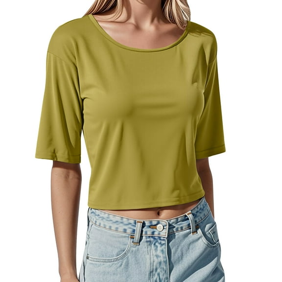 MIXUE Boho Tops For Women Summer Solid Color Round Neck Short Sleeve Slim Fit Casual Basic Tshirts Streetwear,Yellow,M