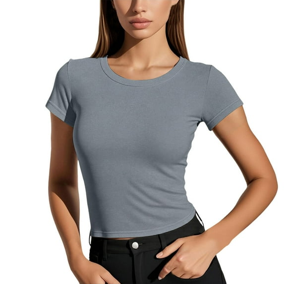 MIXUE Boho Tops For Women Summer Solid Color Round Neck Short Sleeve Slim Fit Casual Soft Pullover Shirts For Women T Shirts Holiday Wear,Gray,M