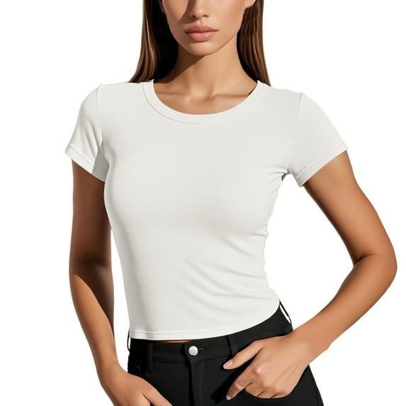 MIXUE Boho Tops For Women Summer Solid Color Round Neck Short Sleeve Slim Fit Casual Soft Pullover Shirts For Women T Shirts Sportswear,White,M