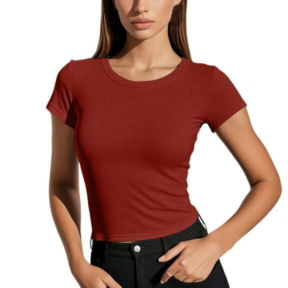 MIXUE Boho Tops For Women Summer Solid Color Round Neck Short Sleeve Slim Fit Casual Soft Pullover Shirts For Women Tshirts Activewear,Red,S