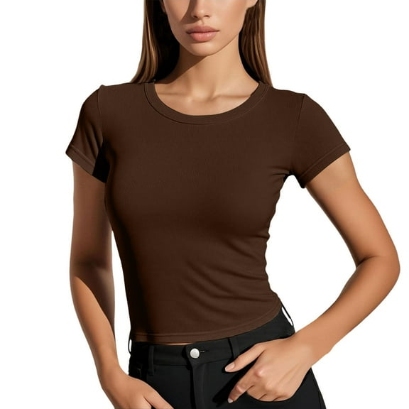 MIXUE Boho Tops For Women Summer Solid Color Round Neck Short Sleeve Slim Fit Casual Soft Pullover Shirts For Women Tshirts Streetwear,Brown,S