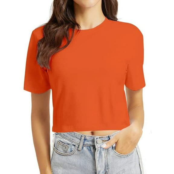 MIXUE Boho Tops For Women Summer Solid Color Round Neck Short Sleeve Soft Casual Basic Pullover Shirts For Women T-shirts Activewear,Orange,S