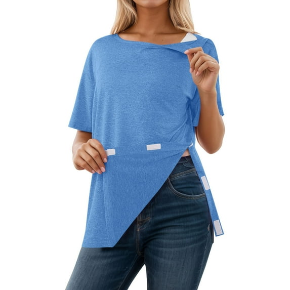 MIXUE Boho Tops For Women Summer Solid Color Round Neck Short Sleeve Soft Loose Fit Casual Pullover Shirts For Women Tee Shirts Holiday Wear,Blue,XL