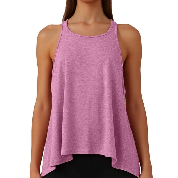 MIXUE Boho Tops For Women Summer Solid Color Round Neck Sleeveless Sports Yoga Vest Pullover Shirts For Women T Shirts Holiday Wear,Purple,L