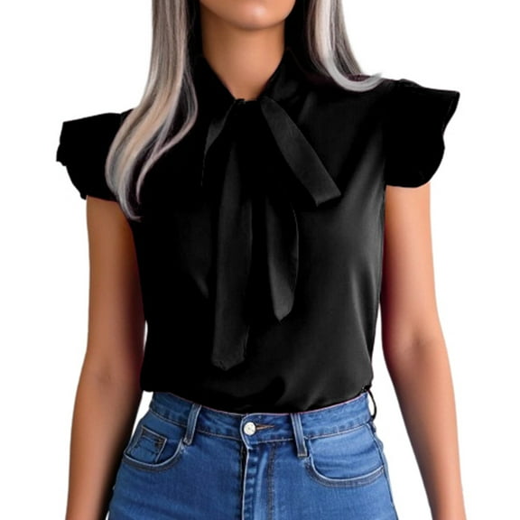 MIXUE Boho Tops For Women Summer Solid Color Ruffle Bow Short Sleeve Slim Casual Tee Shirts Sportswear,Black,L