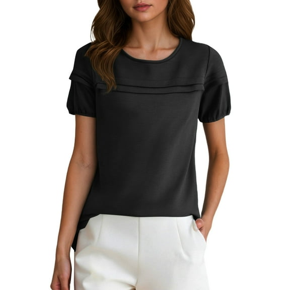MIXUE Boho Tops For Women Summer Solid Color Ruffles Round Neck Short Sleeve Casual Soft T Shirts Sportswear,Black,M