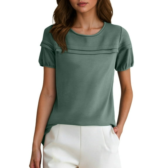 MIXUE Boho Tops For Women Summer Solid Color Ruffles Round Neck Short Sleeve Casual Soft T-shirts Streetwear,Green,XXL