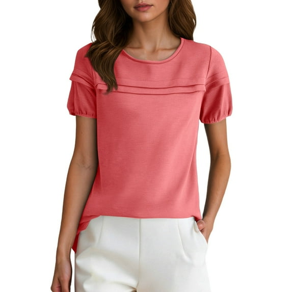 MIXUE Boho Tops For Women Summer Solid Color Ruffles Round Neck Short Sleeve Casual Soft Tee Shirts Sportswear,Red,L