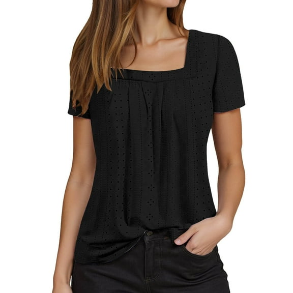 MIXUE Boho Tops For Women Summer Solid Color Square Collar Short Sleeve Casual Basic Pullover Shirts For Women Tee Shirts Daily-Wear,Black,XXL