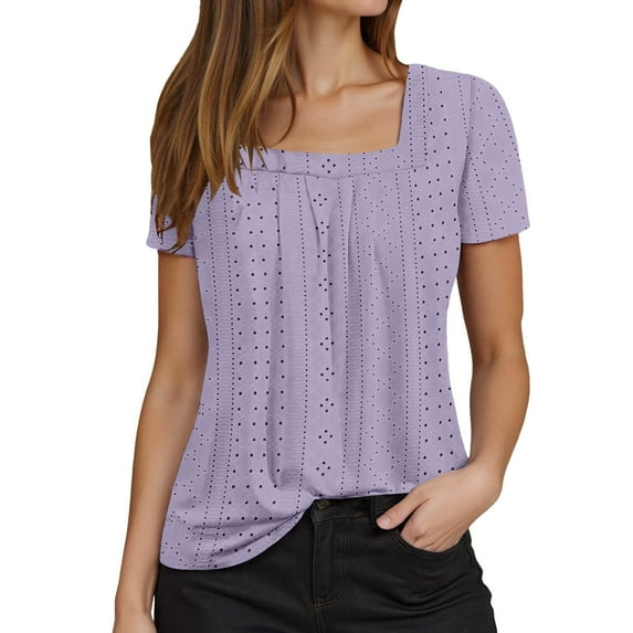 MIXUE Boho Tops For Women Summer Solid Color Square Collar Short Sleeve Casual Basic Pullover Shirts For Women Tshirts Streetwear,Purple,XXL