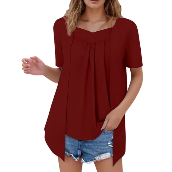 MIXUE Boho Tops For Women Summer Solid Color Square Collar Short Sleeve Casual Basic T-shirts Activewear,Red,XL