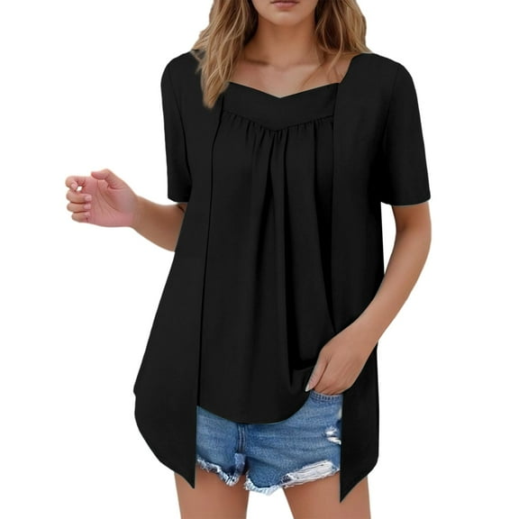 MIXUE Boho Tops For Women Summer Solid Color Square Collar Short Sleeve Casual Basic T-shirts Streetwear,Black,M