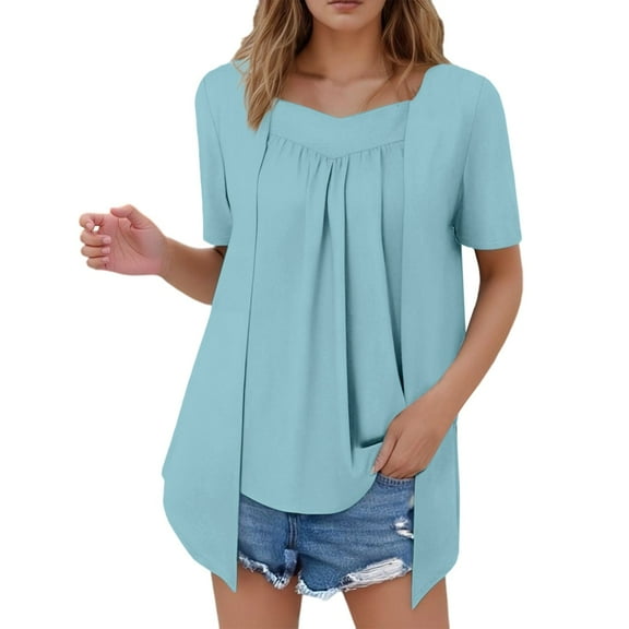 MIXUE Boho Tops For Women Summer Solid Color Square Collar Short Sleeve Casual Basic Tshirts Activewear,Blue,XXL