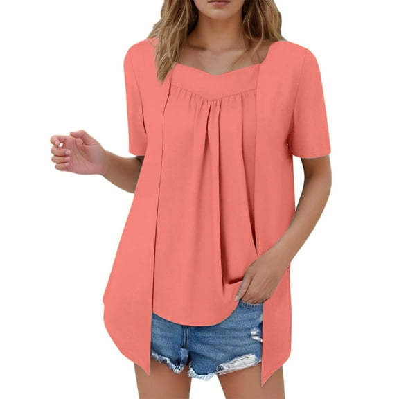 MIXUE Boho Tops For Women Summer Solid Color Square Collar Short Sleeve Casual Basic Tshirts Activewear,Red,S