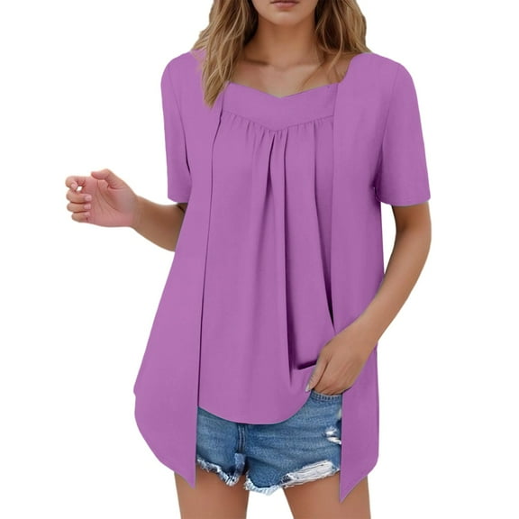 MIXUE Boho Tops For Women Summer Solid Color Square Collar Short Sleeve Casual Basic Tshirts Outwear,Purple,XL