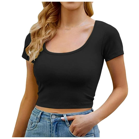 MIXUE Boho Tops For Women Summer Solid Color Square Collar Short Sleeve Slim Fit Casual Basic Tunic Shirts For Women Tee Shirts Streetwear,Black,L