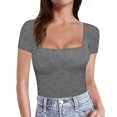 thumbnail image 1 of MIXUE Boho Tops For Women Summer Solid Color Square Collar Short Sleeve Slim Fit Casual Shirts For Women Tshirts Outwear,Gray,XL, 1 of 7